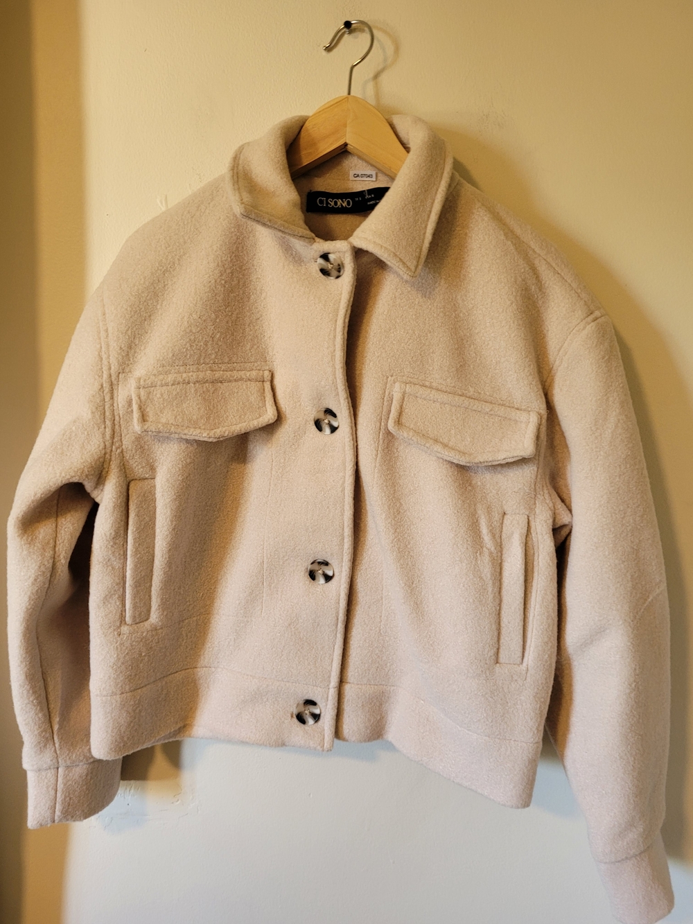 Ci Sono Cream Wool-Blend Pea Coat with Button Front